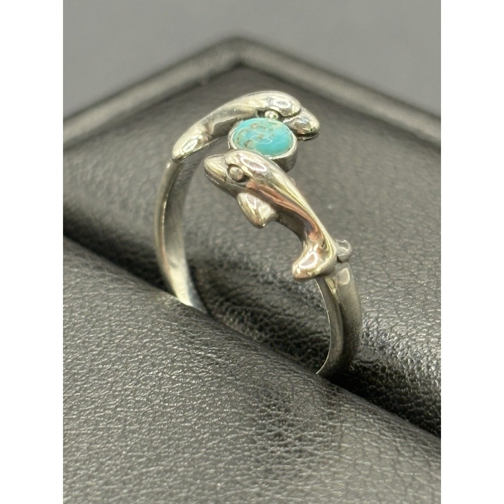 New Condition Sterling Silver Turquoise Double Dolphin Ring Size 7 E12